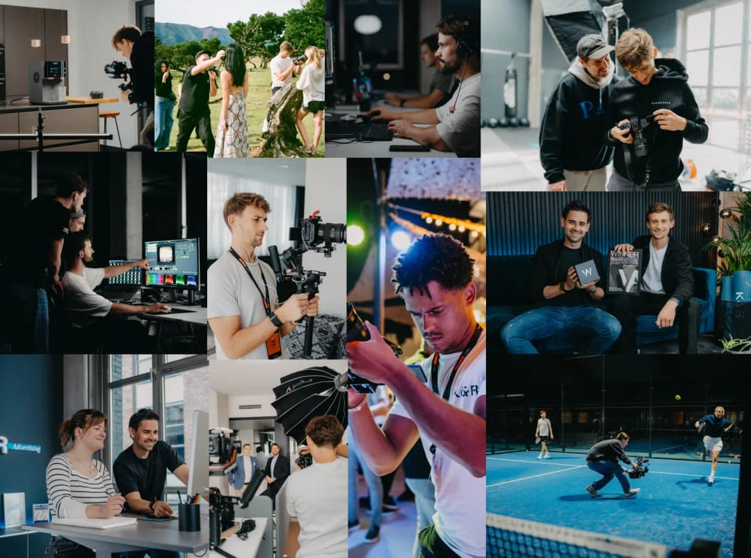 Collage of people during film and video production, photo shoots, computer work and sports shots on a tennis court.
