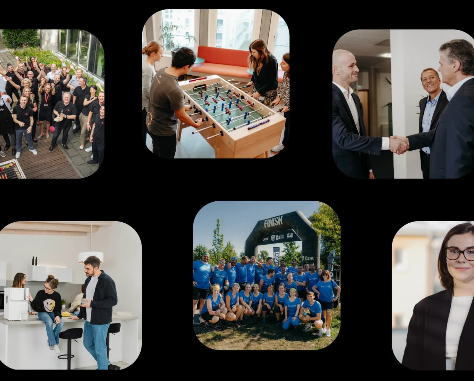 K&R Team-Collage: Gruppenfoto, Tischfussball, Handschlag, Lauf-Event
