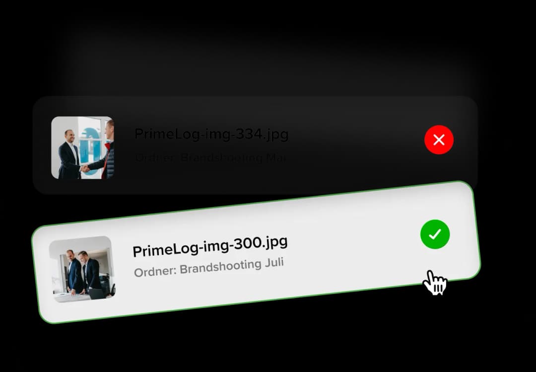 Image selection tool: PrimeLog photo rejected (red) and approved (green)