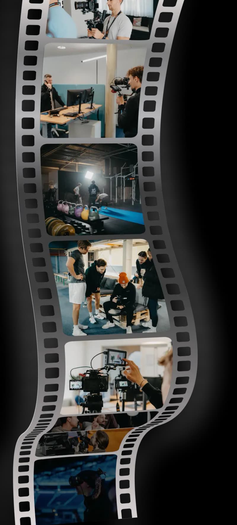 Film strip collage: video footage and fitness scenes from K&R productions