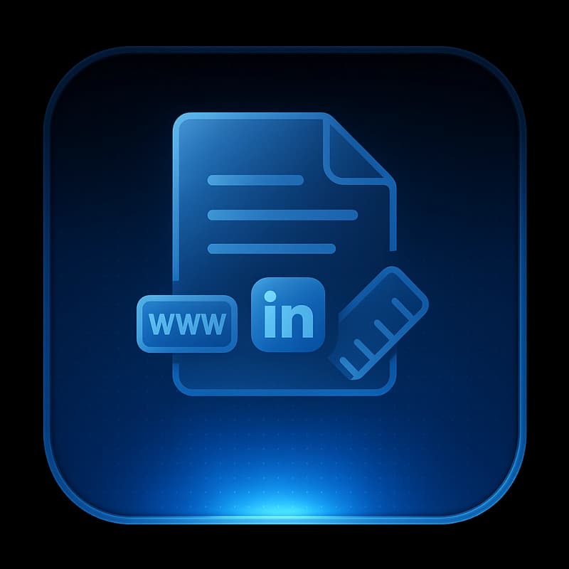 Blaues Symbol mit Dokument, Lineal und den Icons WWW und LinkedIn
