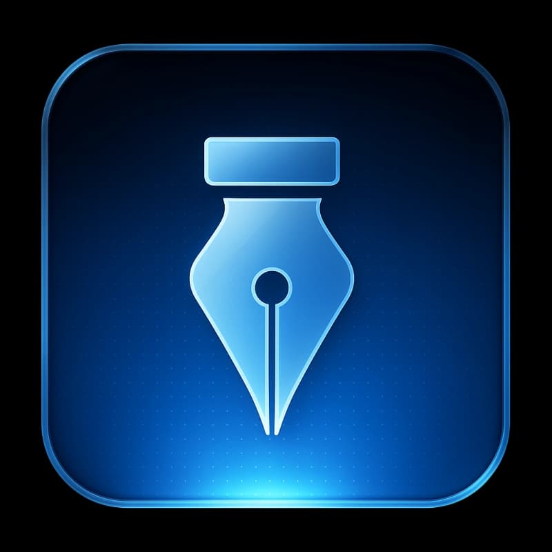 Blaues quadratisches Symbol mit stilisierter Federkiel-Spitze