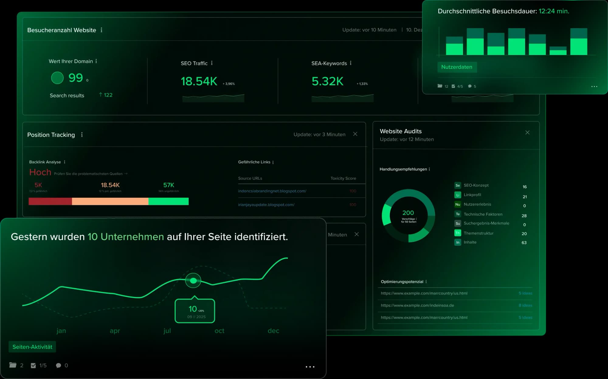 SEO dashboard with traffic data, keywords, backlinks and website audit