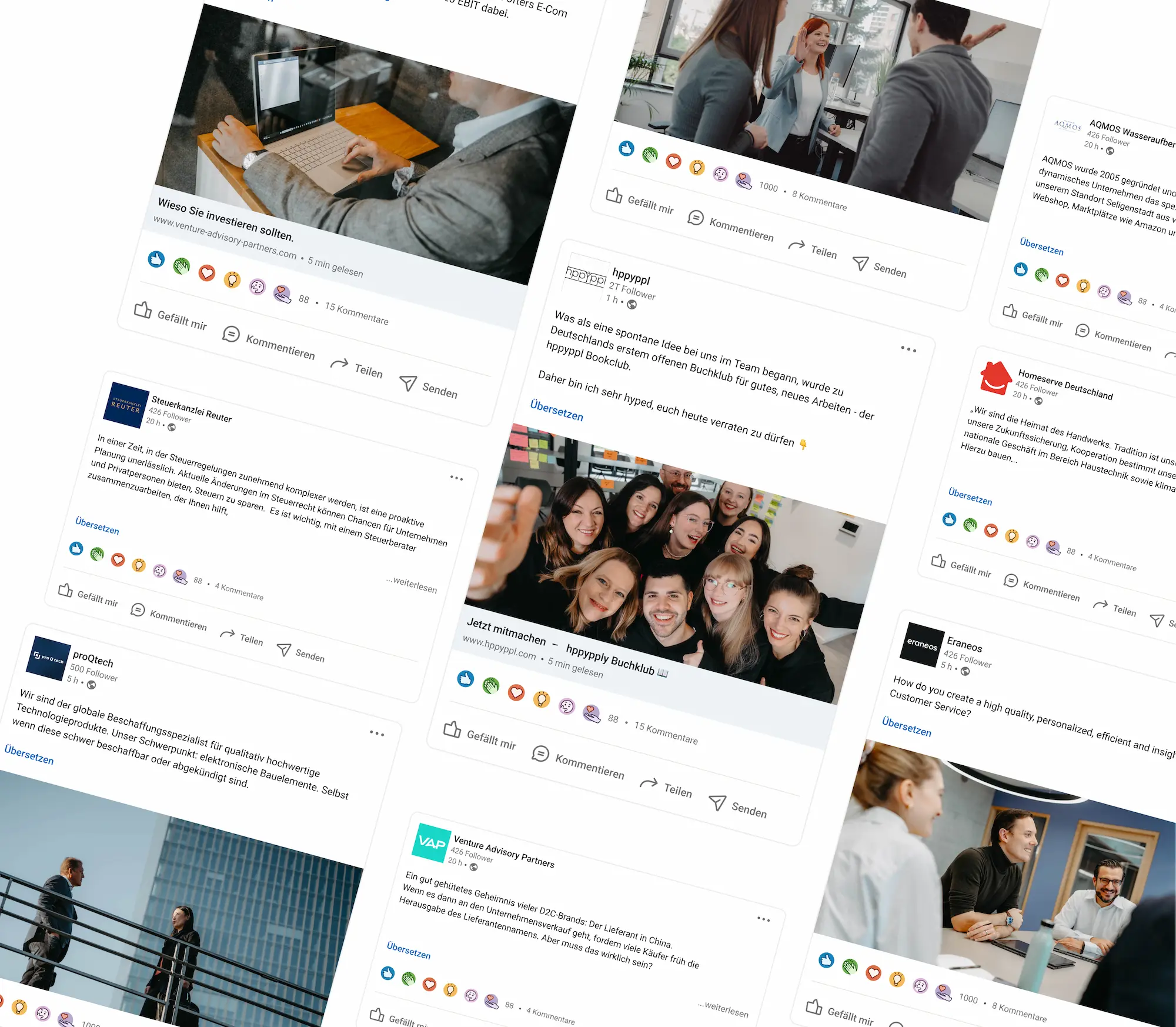 Social media posts with photos of people at work and in team meetings