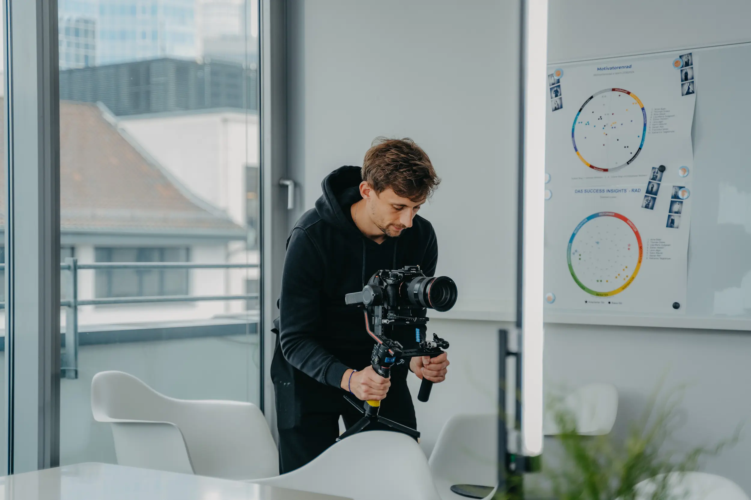 K&R behind the scenes: cameraman with a stabilizer in a modern office