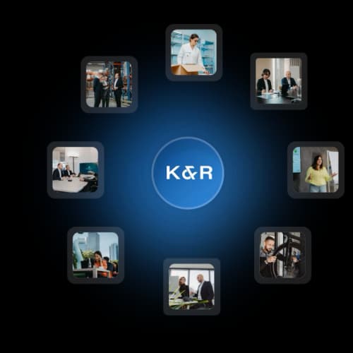 K&R logo surrounded by seven photos of people at work