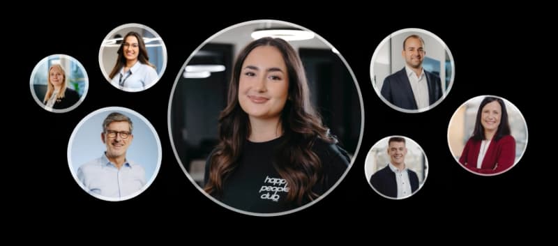 Portraits of eight people in circular frames in front of work environments