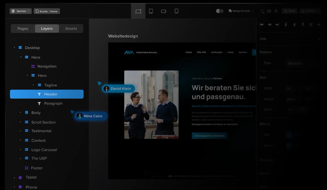 Webflow Designer: Website-Entwicklung fuer Added Value Advisory