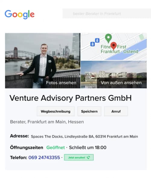 Google Business Profile: VAP GmbH Frankfurt with location map and photo